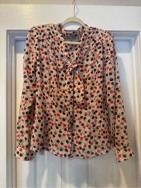 Vintage Tatyana Cream Blouse with Red & Black Dot Vine Print and Tie Neck